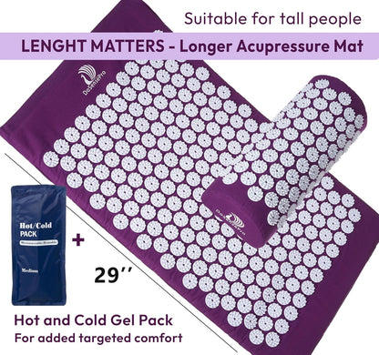 Acupressure Mat & Pillow Set – Extra-Long 29” Acupressure Therapy for Back & Neck Pain Relief, Sciatica, Stress Relief & Sleep Support Includes Carry Bag & Hot/Cold Pack (Purple)