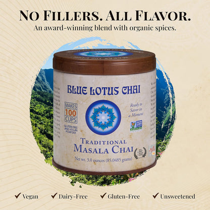 Blue Lotus Chai - Traditional Masala Chai - Makes 100 Cups - 3 Ounce Masala Spiced Chai Powder with Organic Spices - Instant Indian Tea No Steeping - No Gluten