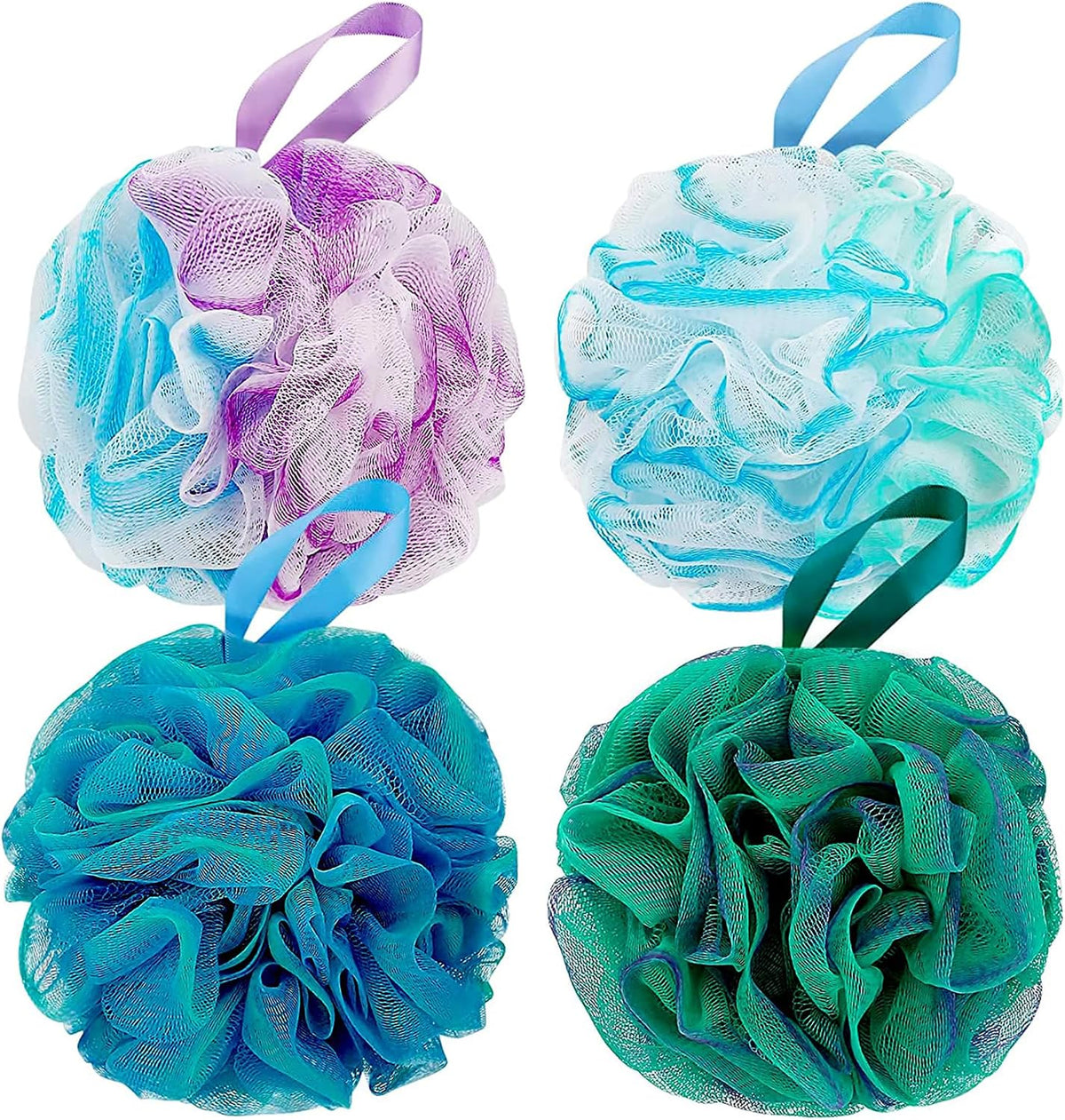 DadyMart Shower Loofah Sponge Pouf – XL Exfoliating Bath Puff Body Scrubber, Soft Mesh Shower Sponge with Reinforced Knot, Rich Lather, Set of 4 for Women and Men