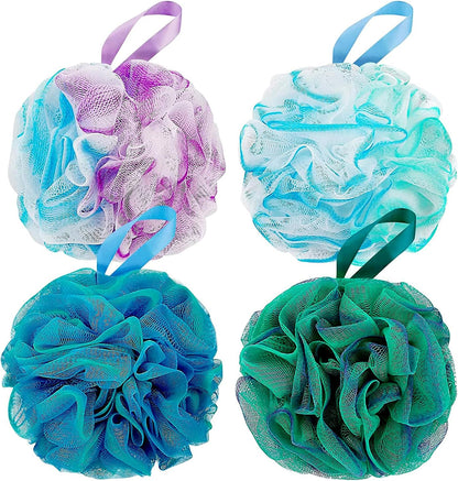 DadyMart Shower Loofah Sponge Pouf – XL Exfoliating Bath Puff Body Scrubber, Soft Mesh Shower Sponge with Reinforced Knot, Rich Lather, Set of 4 for Women and Men
