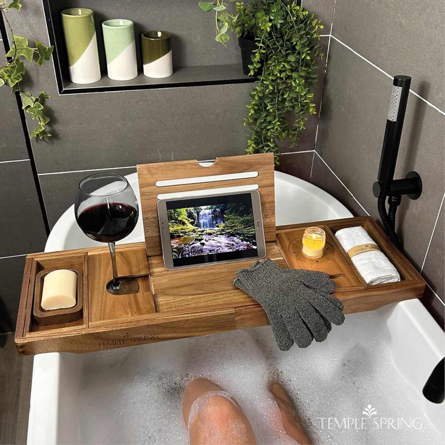 Temple Spring Bamboo Bathtub Tray Caddy for Tub — Expandable Wood Bath Tray with Solid Book Stand Wine Holder and Non-Slip Pads — Includes Bamboo Soap Dish and Spa Accessories — Luxury Bath Gift Set