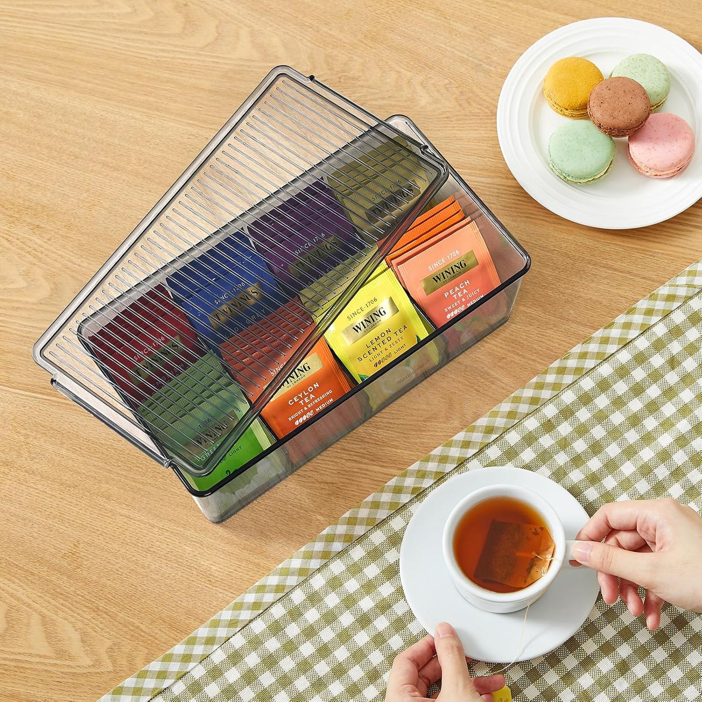 Lifewit Tea Bag Organizer with lids, Plastic Teabag Box with 16 Compartments, Stackable Divided Storage Containers for Cabinet, Pantry, Countertop, Sugar Packets, Clear, 29 cm/11.5 inch L, 2 Pack