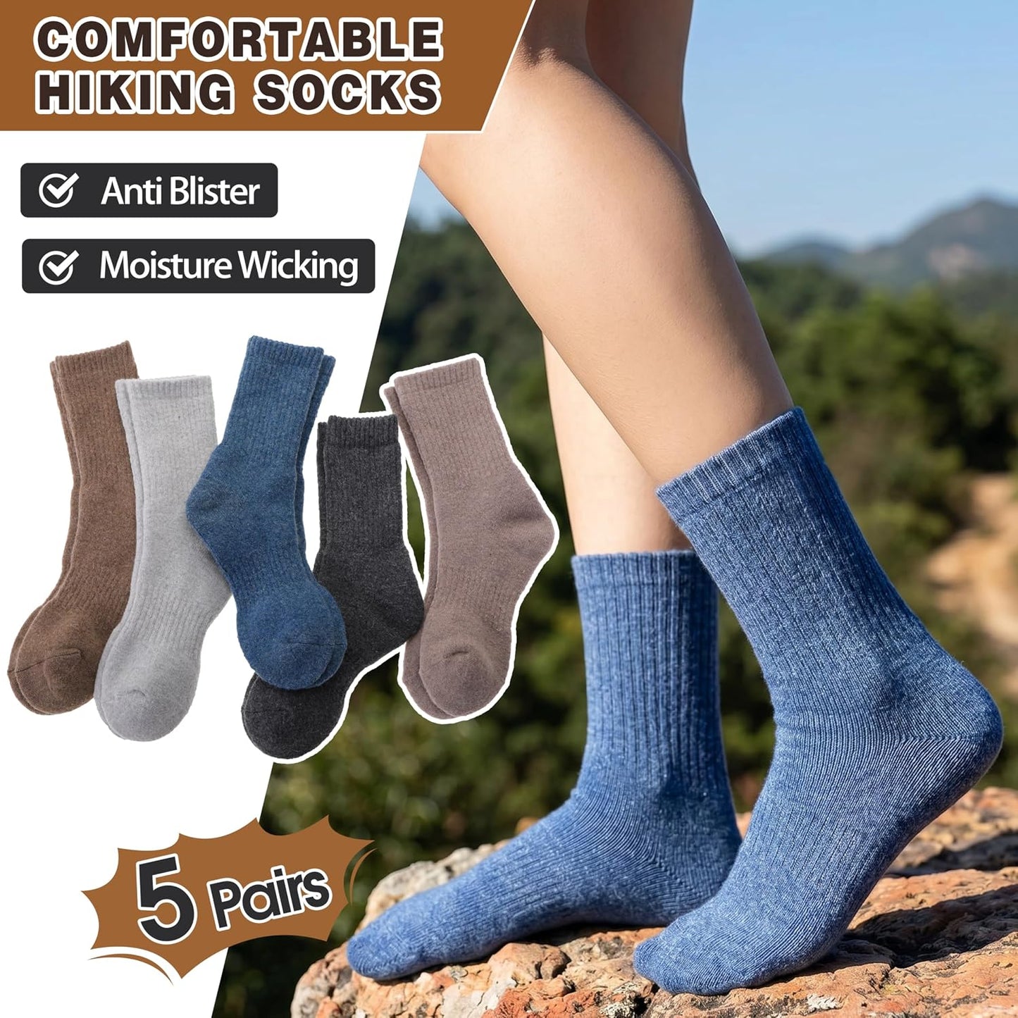 MOGGEI 5 Pairs Womens Merino Wool Socks Hiking Warm Winter Thick Thermal Crew Cozy Cabin Ladies Gift Comfy Boot Work Socks