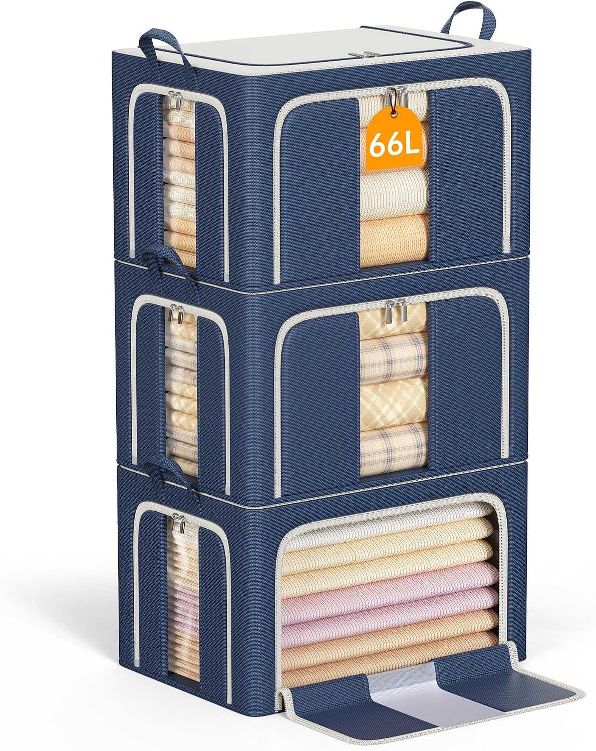 Clothes Storage Bins with Metal Frame Foldable Storage Box Clothes Organizers Storage Containers for Clothes Sheets Blankets Books Toys Gifts and Holiday Decorations (66Lx3 Pack)