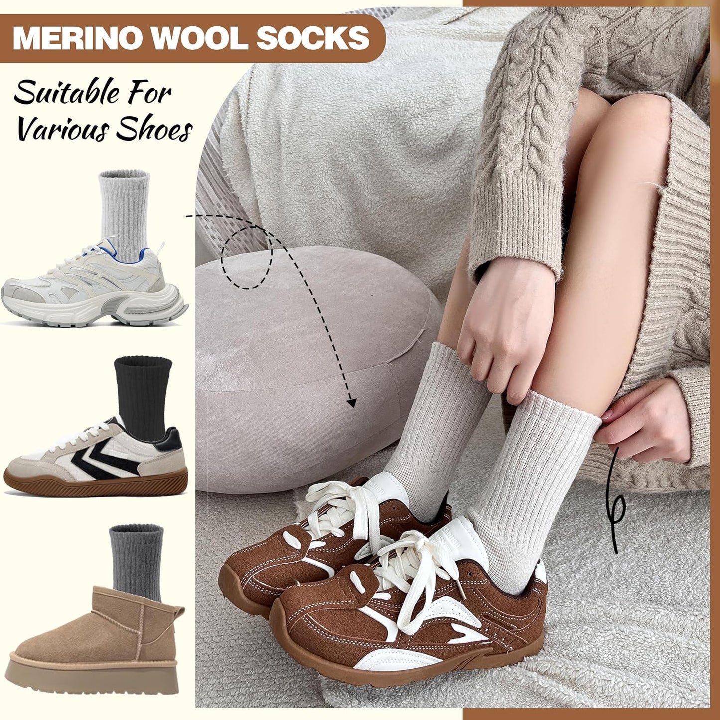 EBMORE 5 Pairs Women Merino Wool Boot Socks Warm Thermal Winter Thick Hiking Cozy Cabin Crew Comfy Socks for Ladies