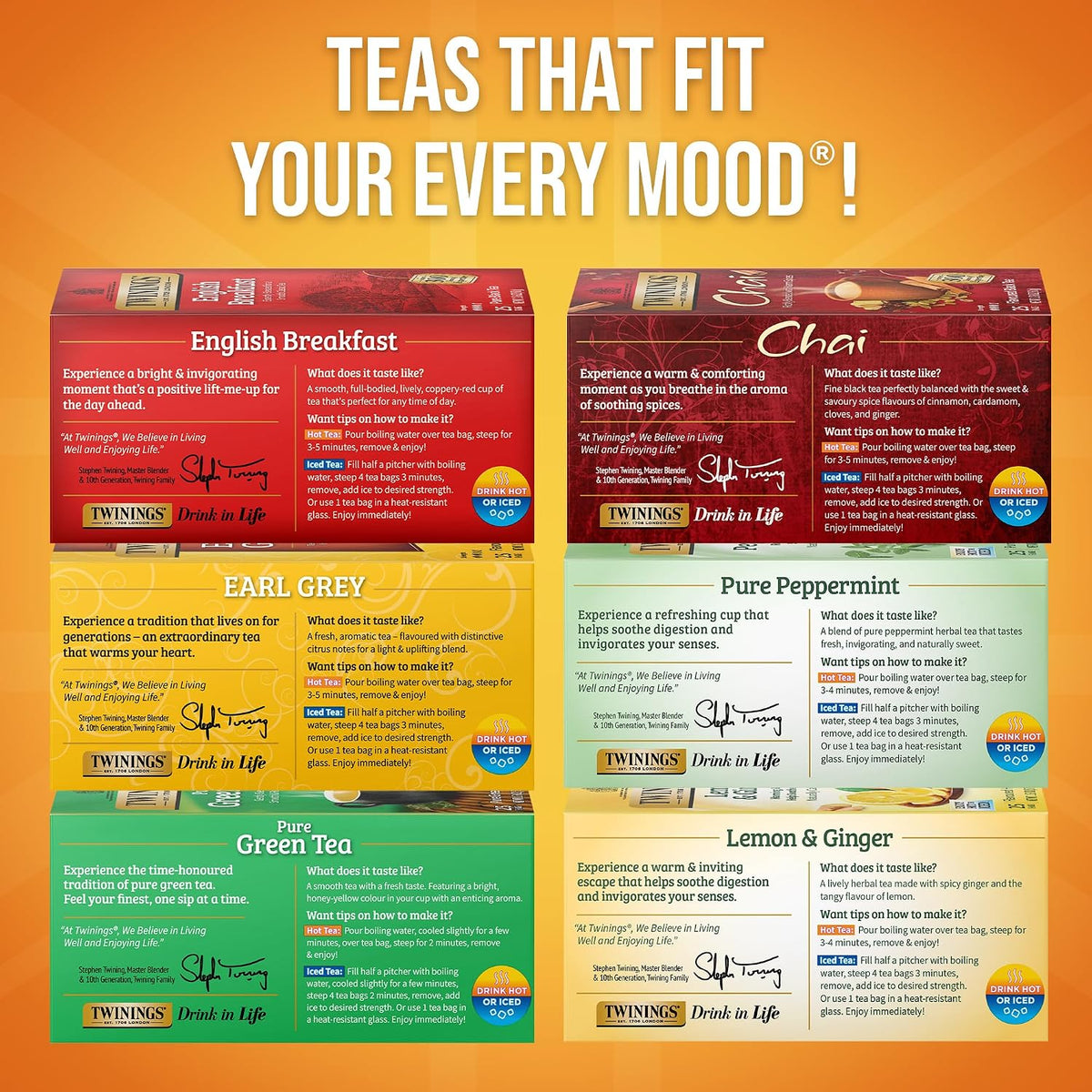 Twinings Variety Pack Tea Bags, 25 Count (Pack of 6) Includes English Breakfast, Earl Grey, Lemon Ginger, Peppermint, Green, and Chai, Enjoy Hot or Iced, 150 Teabags