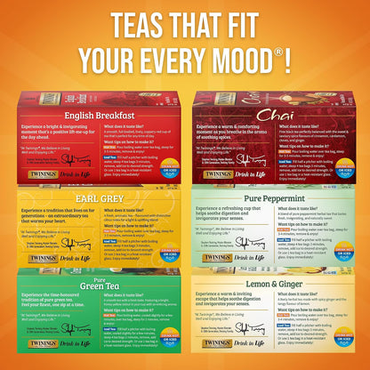 Twinings Variety Pack Tea Bags, 25 Count (Pack of 6) Includes English Breakfast, Earl Grey, Lemon Ginger, Peppermint, Green, and Chai, Enjoy Hot or Iced, 150 Teabags