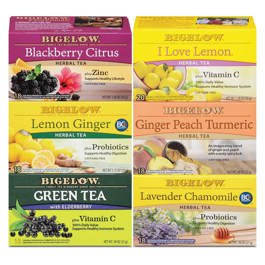 Bigelow Tea Immunity Herbal Tea Variety Pack, Caffeinated Green Tea and Caffeine Free Tea Bags for Immune Support (Pack of 6), 110 Total Tea Bags