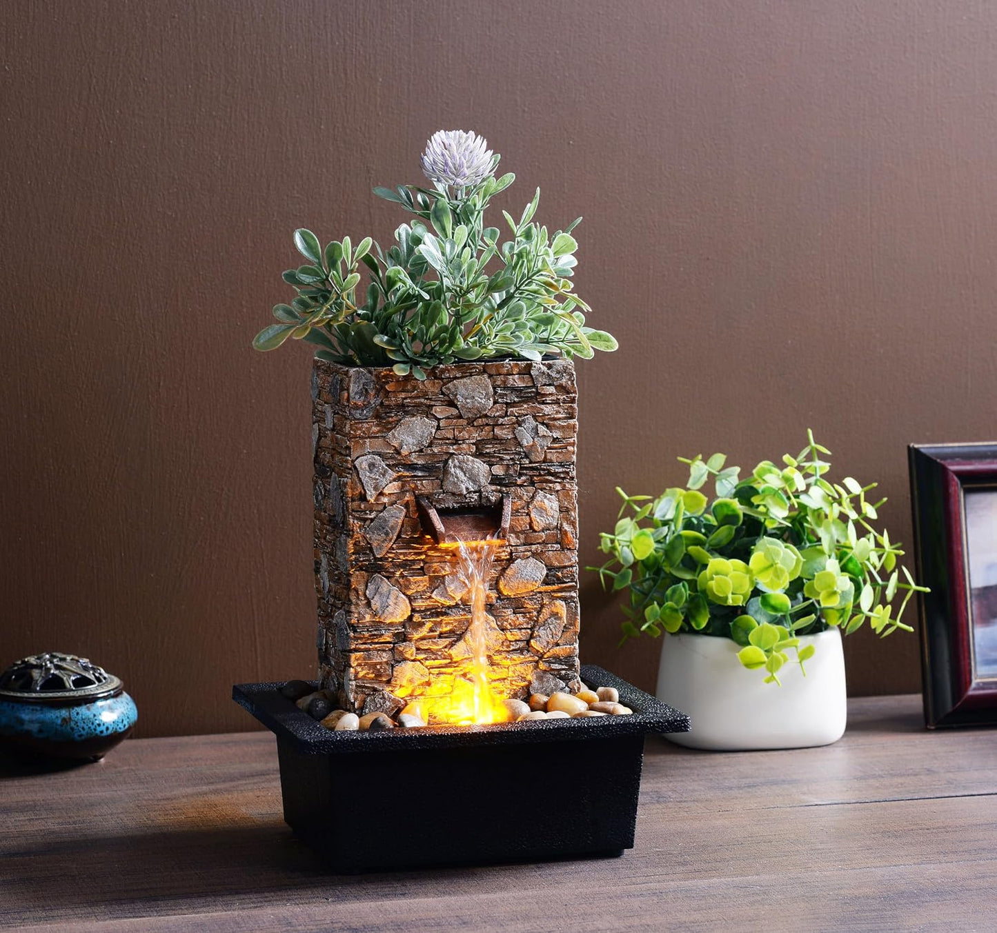 Kalona Indoor Tabletop Water Fountain – 3-Tier Resin Waterfall with LED Lights, Mini Bonsai Planter & Cascading Water Flow – Soothing Desk Fountain for Home, Office, Meditation Decor(22024)