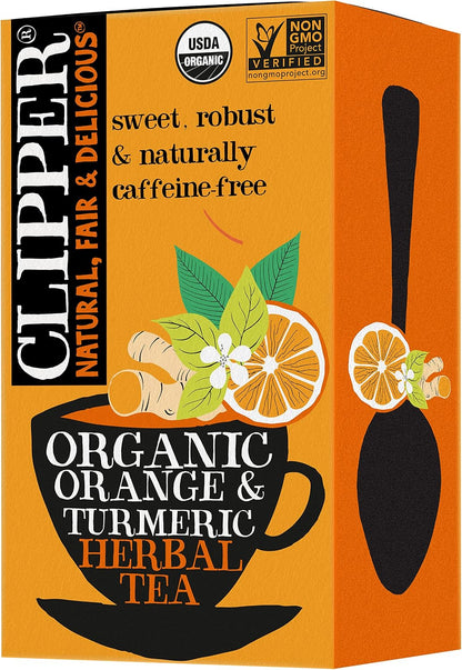 Clipper Tea, Orange & Turmeric, Organic Tea with Licorice Root, Orange Peel and Hibiscus, Plant Based Herbal Tea, Caffeine Free British Tea, 1 Pack, 20 Unbleached Tea Bags