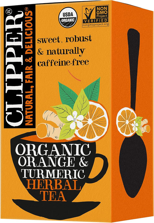 Clipper Tea, Orange & Turmeric, Organic Tea with Licorice Root, Orange Peel and Hibiscus, Plant Based Herbal Tea, Caffeine Free British Tea, 1 Pack, 20 Unbleached Tea Bags