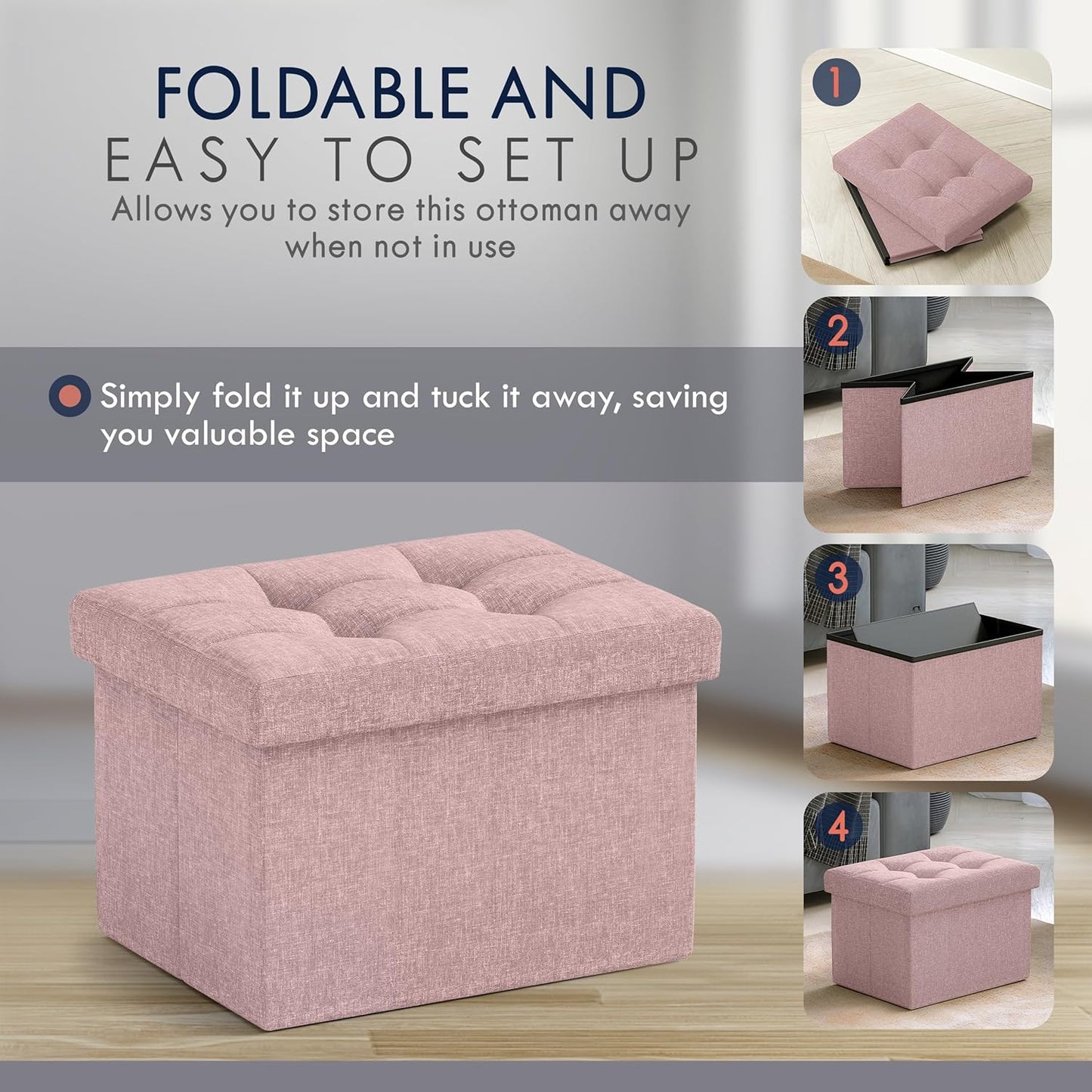 Ornavo Home Small Storage Ottoman Foldable Collapsible Rectangle Linen Ottoman Foot Rest Stool Seat, for Living Room, Bedroom, Home Office, Dorm - 12 x 16 x 12, Black