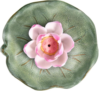 KR. LIF Lotus Incense Holder & Burner, Agarbatti Stand, Detachable Lotus Leaf Incense Tray, Ash Catcher for Altar, Sage & Palo Santo, Ceramic