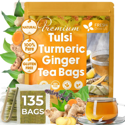 FreshDrinkUS, Premium Tulsi Turmeric Ginger Tea, 135 Count, Caffeine Free