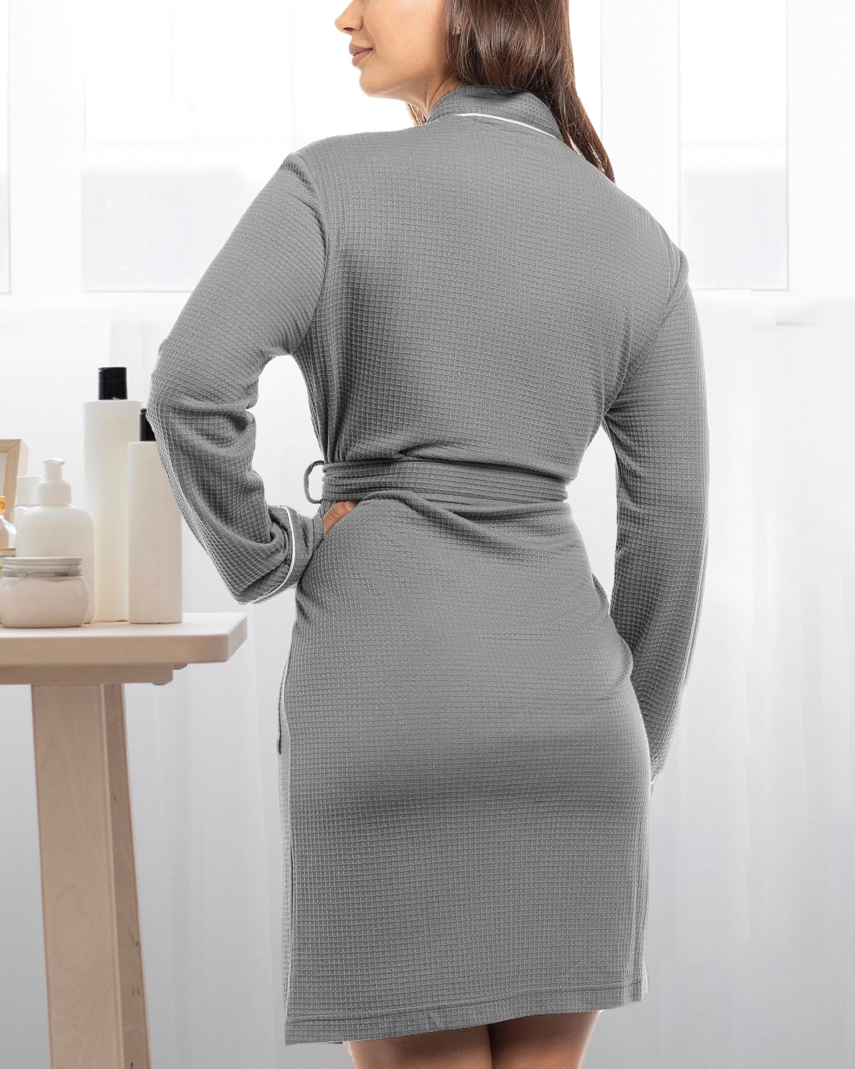 Cotton Blend Lightweight Waffle Robe for Women Knee-Length Soft Bathrobe