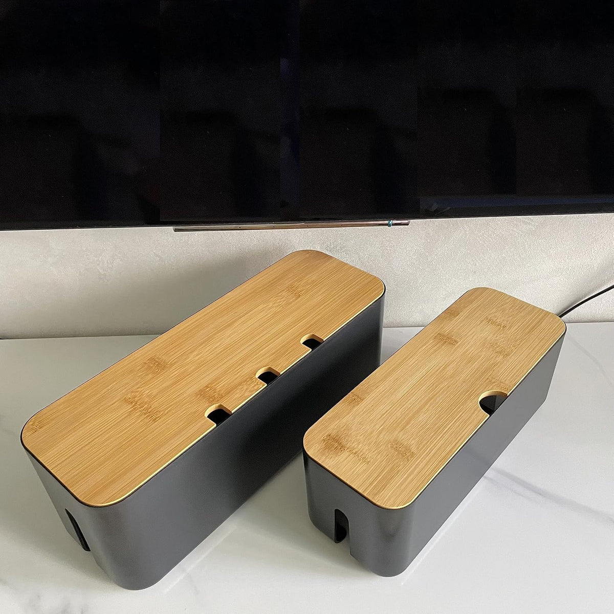 Cable Management Box with Bamboo Lid, Small Power Strip Organizer, Black