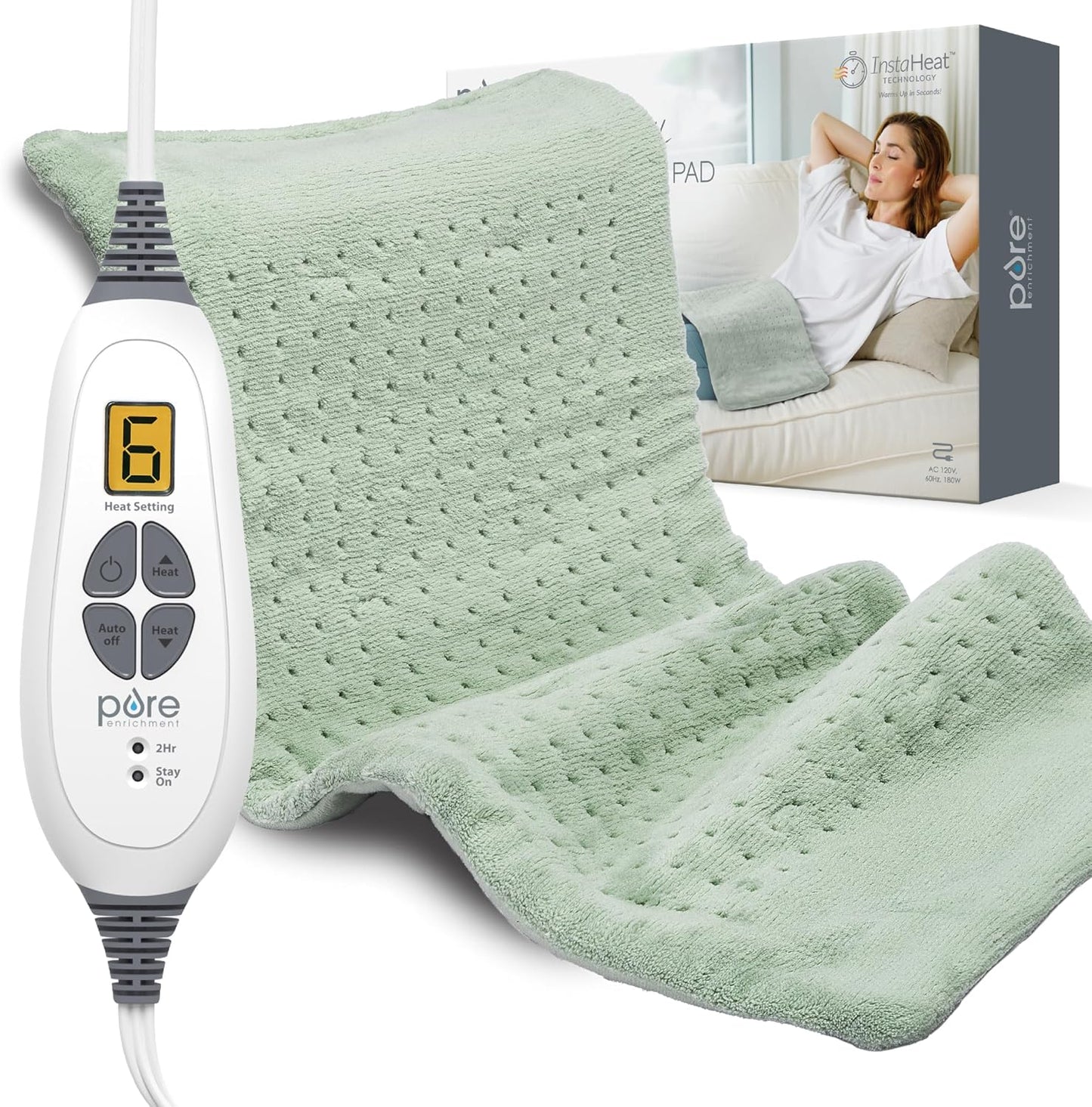 Pure Enrichment® PureRelief® XL Heating Pad - 12" x 24" Electric Heating Pad for Back Pain & Cramps, 6 Heat Settings, Soft Machine Wash Fabric, Auto-Off & Moist Heat (Charcoal Gray)