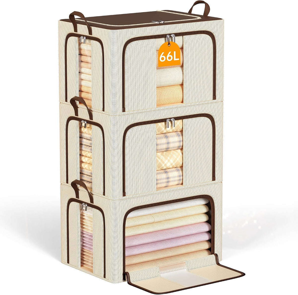 Clothes Storage Bins with Metal Frame Foldable Storage Box Clothes Organizers Storage Containers for Clothes Sheets Blankets Books Toys Gifts and Holiday Decorations (66Lx3 Pack)