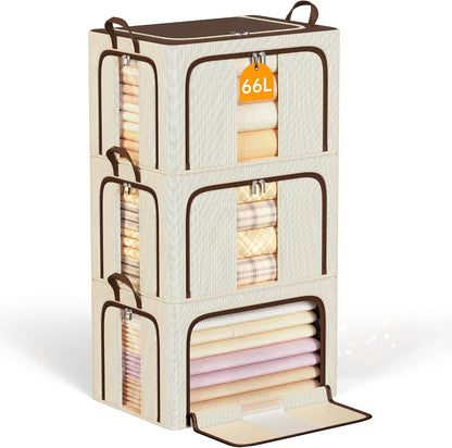 Clothes Storage Bins with Metal Frame Foldable Storage Box Clothes Organizers Storage Containers for Clothes Sheets Blankets Books Toys Gifts and Holiday Decorations (66Lx3 Pack)