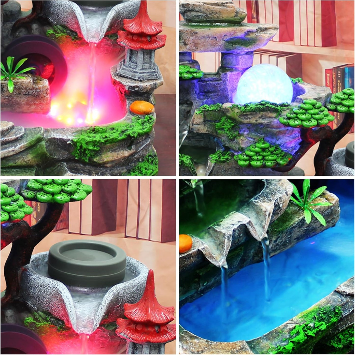 Mini Artificial Bonsai Tree Waterfall Fog Feature Rock Tabletop Fountain | 11in Desktop Decor Waterfall Fountain W/ Water Pump& Atomizer&LED Lights &Fake Tree Office Bedroom Relax