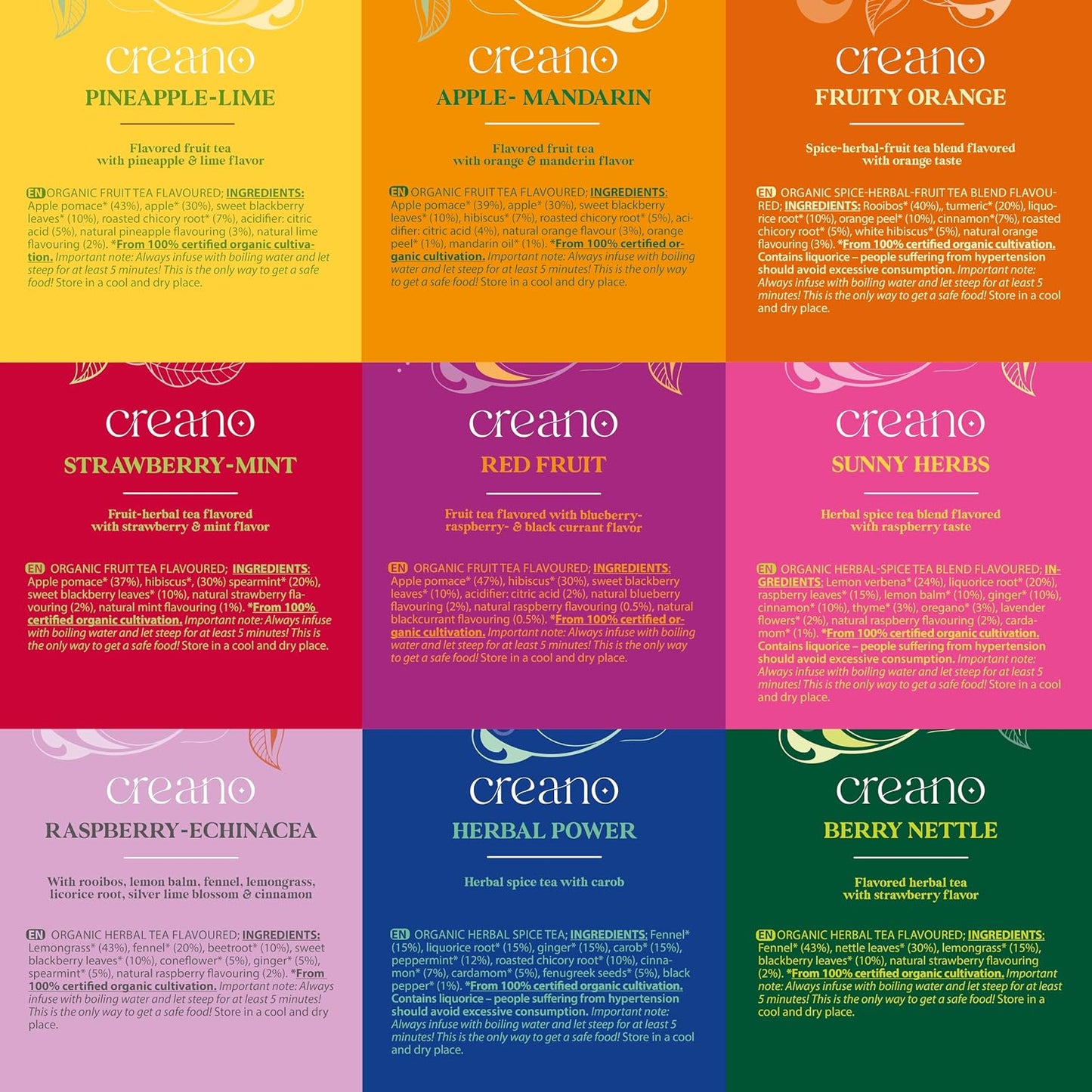 Creano Organic Herbal Tea Sampler Gift Set - Tea Gift Box - 27 Organic Tea Bags in 9 Different Varieties 54 g