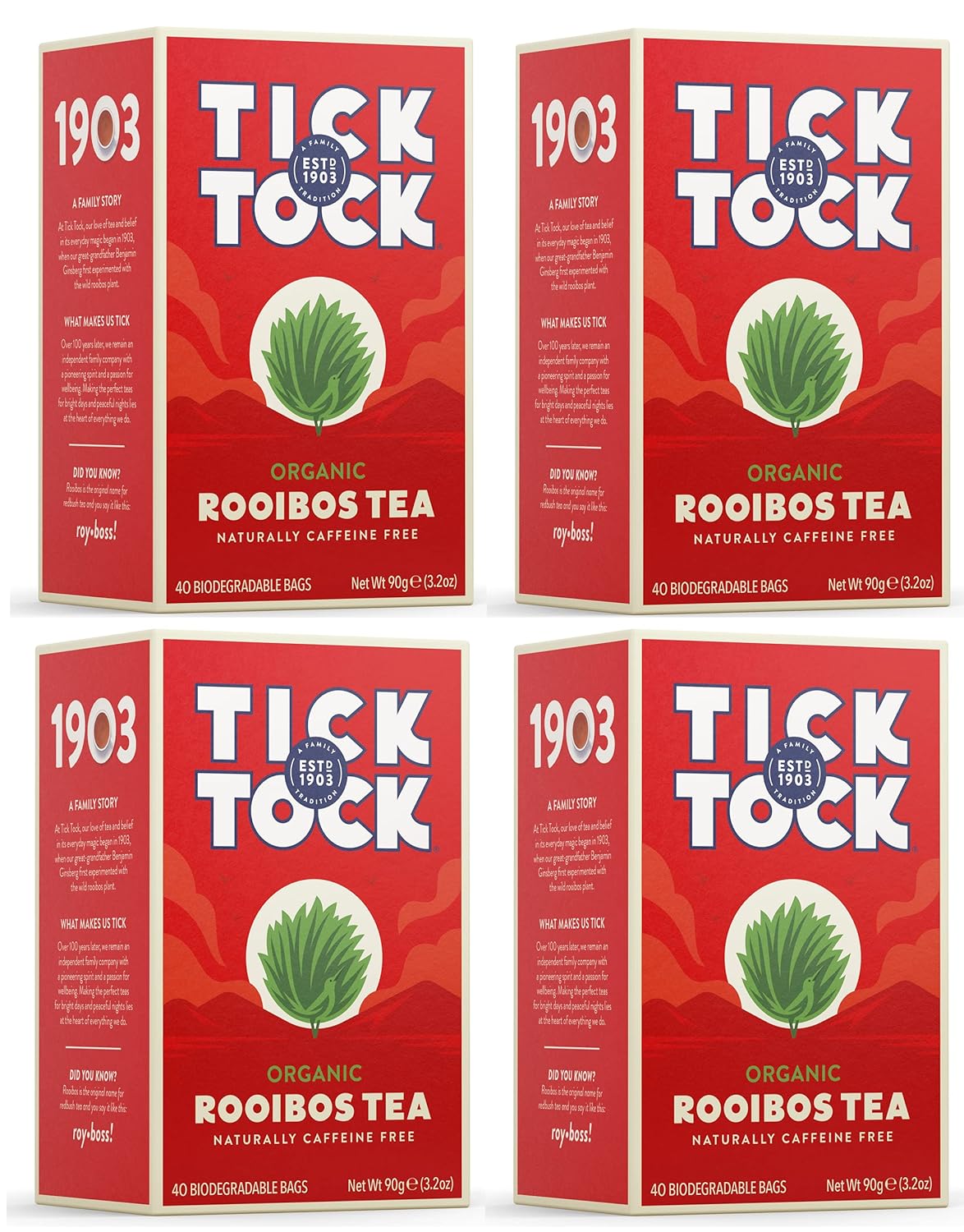 TICK TOCK TEAS Organic Rooibos Tea Bags, Organic Original Rooibos Tea, 40 Count