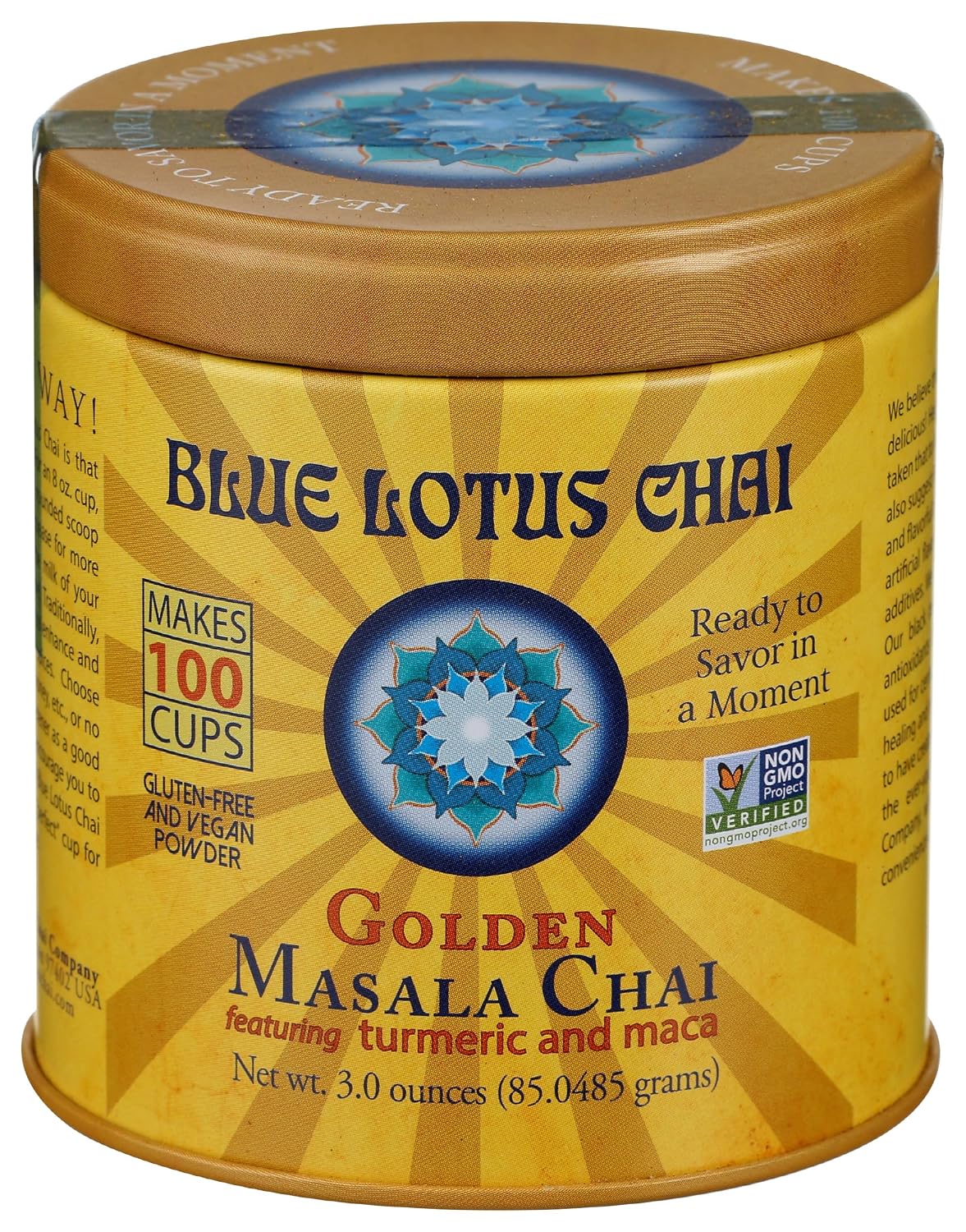 Blue Lotus Chai - Golden Masala Flavor Chai - Makes 100 Cups - 3 Ounce Masala Spiced Chai Powder with Organic Spices - Instant Indian Tea No Steeping - No Gluten