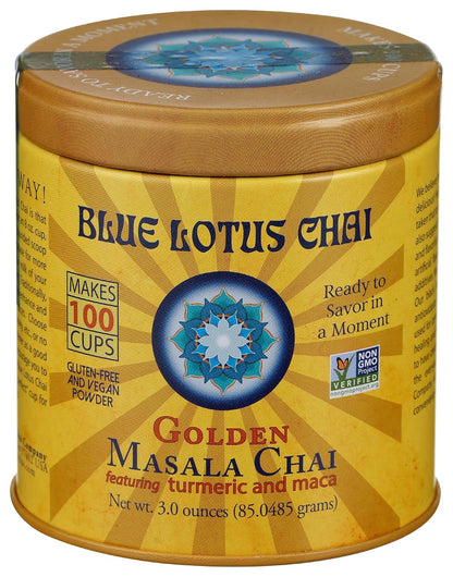 Blue Lotus Chai - Golden Masala Flavor Chai - Makes 100 Cups - 3 Ounce Masala Spiced Chai Powder with Organic Spices - Instant Indian Tea No Steeping - No Gluten