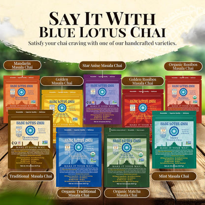 Blue Lotus Chai - Golden Masala Flavor Chai - Makes 100 Cups - 3 Ounce Masala Spiced Chai Powder with Organic Spices - Instant Indian Tea No Steeping - No Gluten