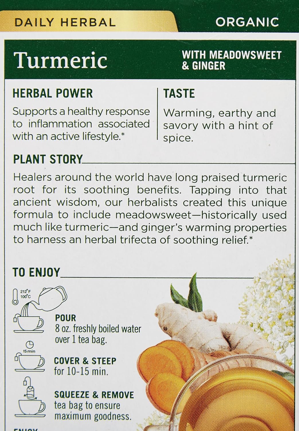 Traditional Medicinals Tea Turmeric Meadowsweet & ginger,16 count.