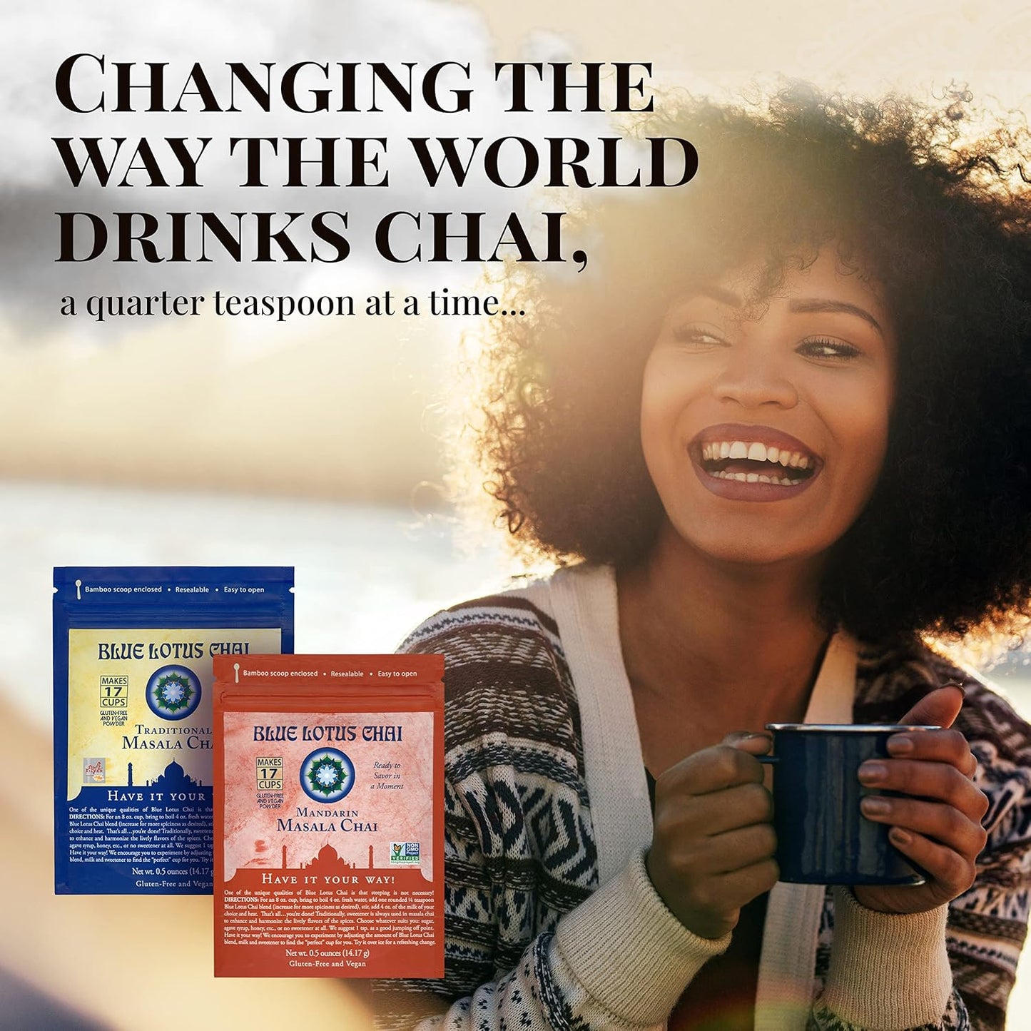 Blue Lotus Chai - Golden Masala Flavor Chai - Makes 100 Cups - 3 Ounce Masala Spiced Chai Powder with Organic Spices - Instant Indian Tea No Steeping - No Gluten