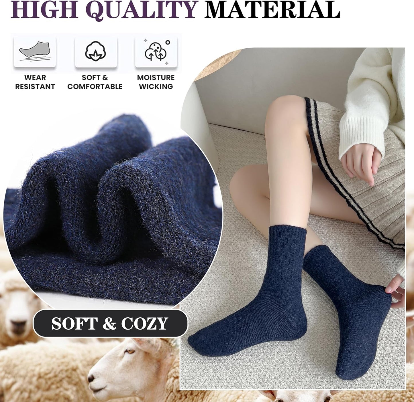 MOGGEI 5 Pairs Womens Merino Wool Socks Hiking Warm Winter Thick Thermal Crew Cozy Cabin Ladies Gift Comfy Boot Work Socks