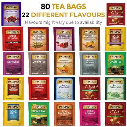 Twinings Tea Sampler Collection – 80 Tea Bags, 20 Flavours/Assorted Tea, Gift Set in Decorative Bamboo Box – Wooden Organizer Tea Chest Included – Ideal for Home, Office, Family & Friends (Bamboo Box)