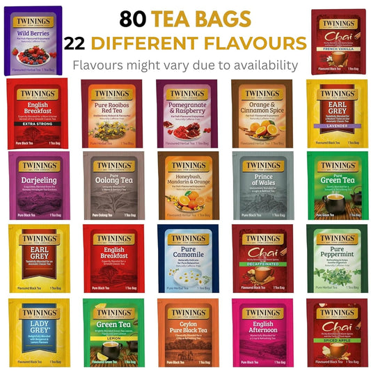 Twinings Tea Sampler Collection – 80 Tea Bags, 22 Flavours/Assorted Tea, Gift Set in Decorative MDF Box – Wooden Organizer Tea Chest Included – Ideal for Family & Friends (Walnut MDF Box)