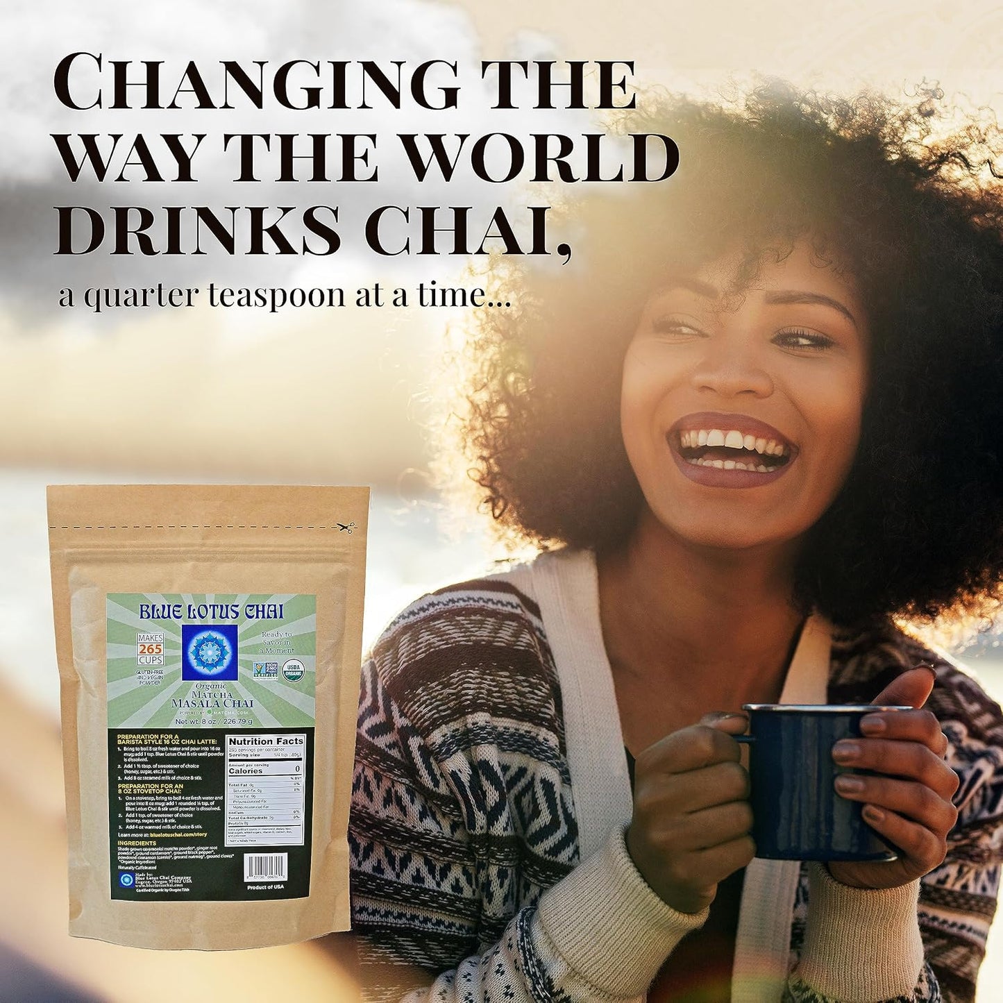 Blue Lotus Chai - Rooibos Flavor Masala Chai - Makes 65 Cups - 2 Ounce Masala Spiced Chai Powder with Organic Spices - Instant Indian Tea No Steeping - No Gluten