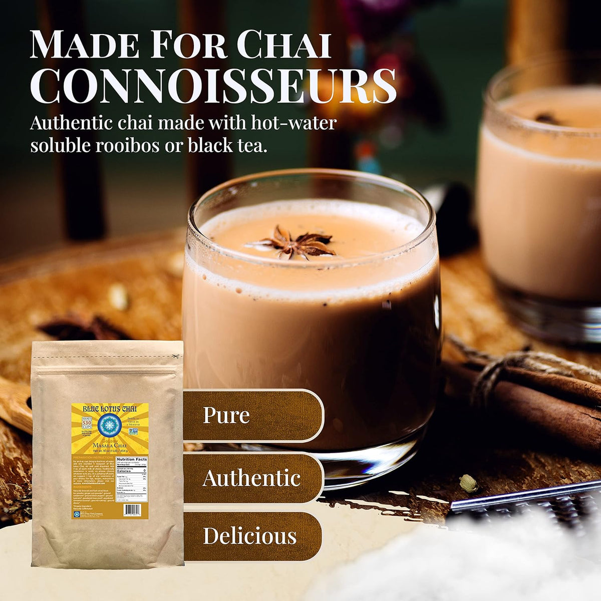Blue Lotus Chai - Golden Masala Flavor Chai - Makes 100 Cups - 3 Ounce Masala Spiced Chai Powder with Organic Spices - Instant Indian Tea No Steeping - No Gluten