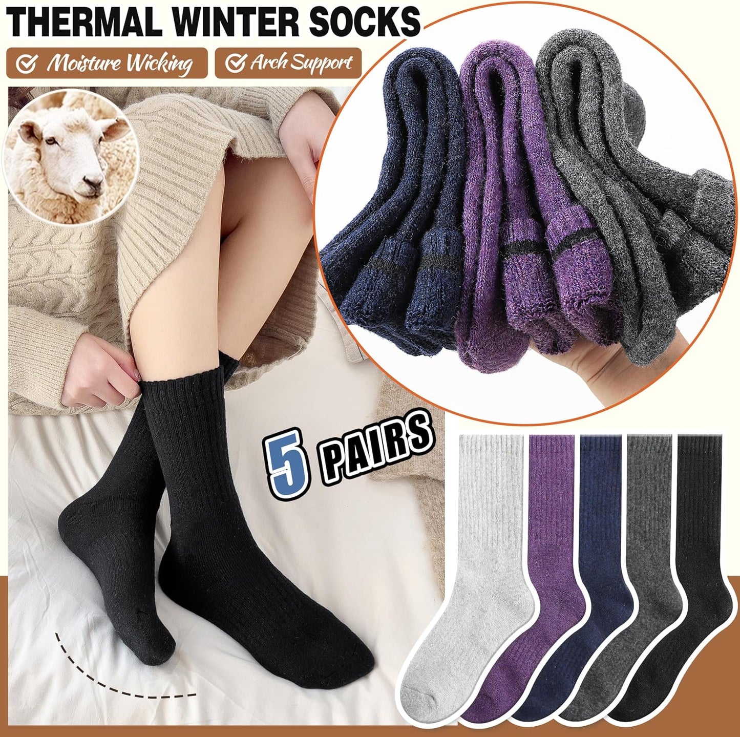 EBMORE Merino Wool Socks for Women Hiking Thermal Warm Winter Thick Boot Cozy Crew Comfy Work Socks for Ladies 5 Pairs