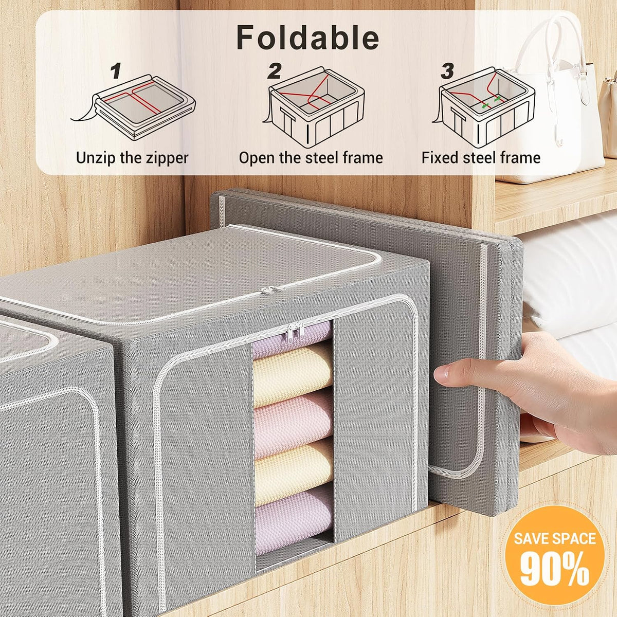 Clothes Storage Bins with Metal Frame Foldable Storage Box Clothes Organizers Storage Containers for Clothes Sheets Blankets Books Toys Gifts and Holiday Decorations (66Lx3 Pack)