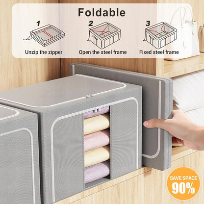 Clothes Storage Bins with Metal Frame Foldable Storage Box Clothes Organizers Storage Containers for Clothes Sheets Blankets Books Toys Gifts and Holiday Decorations (66Lx3 Pack)