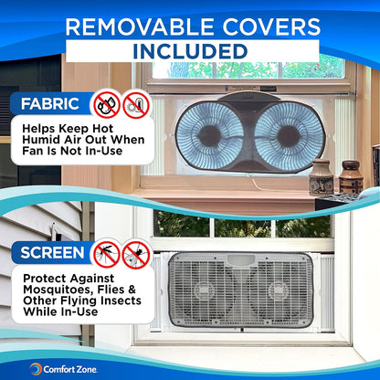 Comfort Zone Twin Window Fan with Reversible Airflow Control, 9 inch, Auto-Locking Expanders, 2 Speed Fan, Dual Fan, Exhaust, Airflow 9.84 ft/sec, Ideal for Home, Kitchen, Bedroom & Office, CZ319WT