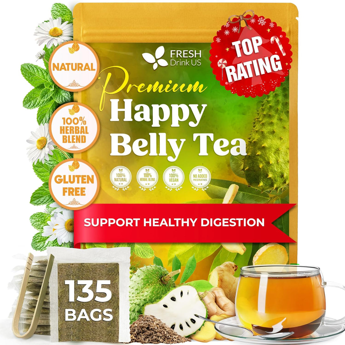 FreshDrinkUS, Premium Happy Belly Tea, 135 Count, Caffeine Free Infusion