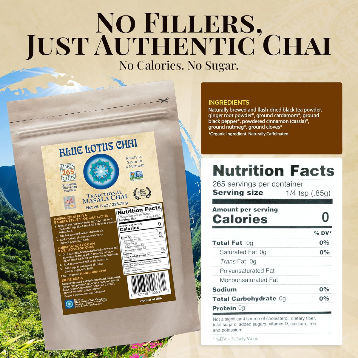 Blue Lotus Chai - Traditional Masala Chai - Makes 100 Cups - 3 Ounce Masala Spiced Chai Powder with Organic Spices - Instant Indian Tea No Steeping - No Gluten
