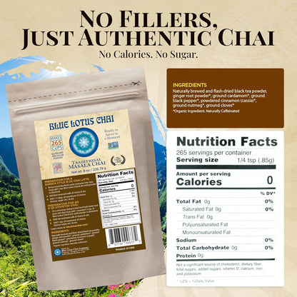 Blue Lotus Chai - Traditional Masala Chai - Makes 100 Cups - 3 Ounce Masala Spiced Chai Powder with Organic Spices - Instant Indian Tea No Steeping - No Gluten