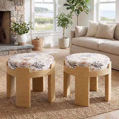 Round Foot Stool Ottoman Set of 2, Boho Hand-Woven Rope Upholstered Accent Footrest Vanity Stool Fully Assembled for Bedroom Living Room, Beige Linen