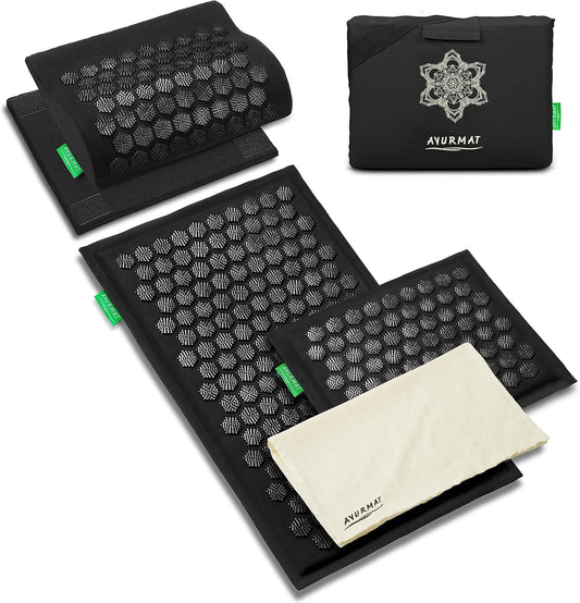 Acupressure Mat and Pillow Set - Full Body Pro Kit for Stress Relief, Muscle Relaxation & Pain Relief - Natural Eco-Friendly Linen & Coconut Fiber Mat - Includes Carrying Bag (Black)