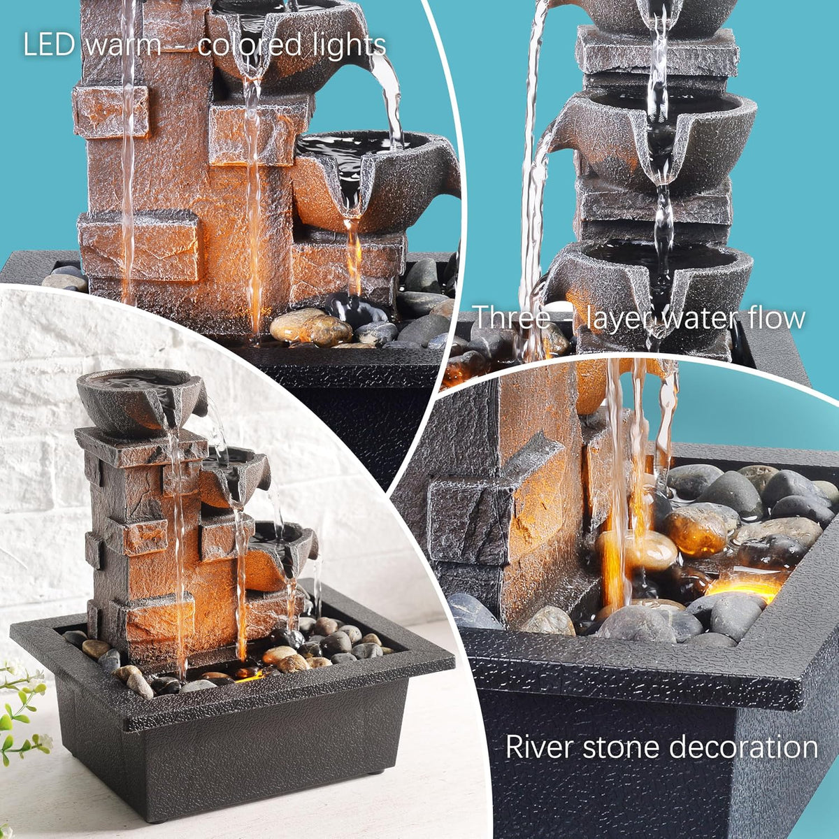 GOSSI 3-Tier Stone Wall Tabletop Water Fountain with Natural River Rocks, LED Lights, Zen Meditation Waterfall for Office and Home Decor, Relaxing Desktop Fountain, Christmas Decoration