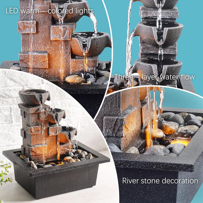GOSSI 3-Tier Stone Wall Tabletop Water Fountain with Natural River Rocks, LED Lights, Zen Meditation Waterfall for Office and Home Decor, Relaxing Desktop Fountain, Christmas Decoration