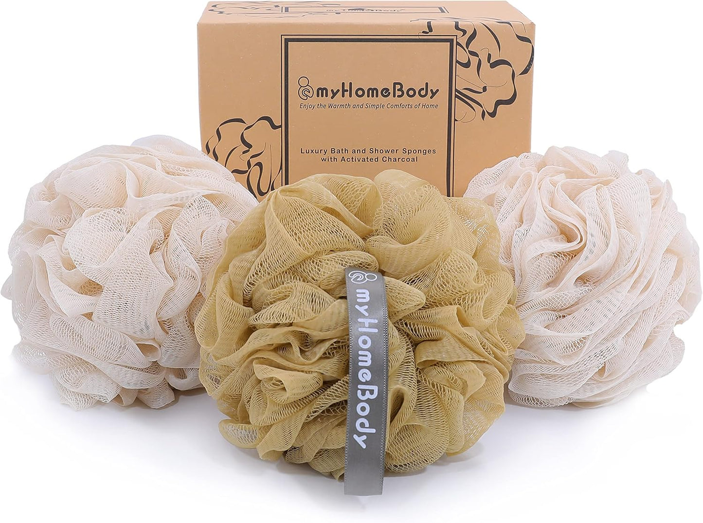 myHomeBody Large 70g Loofah Sponge, Bath Body Scrubber for Women, Men, Exfoliating Shower Pouf with Activated Charcoal - 2 Graphite Gray + 1 Sage Green, 3 Pack