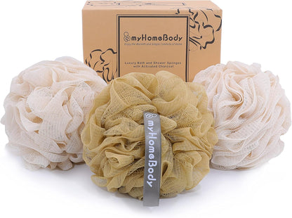myHomeBody Large 70g Loofah Sponge, Bath Body Scrubber for Women, Men, Exfoliating Shower Pouf with Activated Charcoal - 2 Graphite Gray + 1 Sage Green, 3 Pack