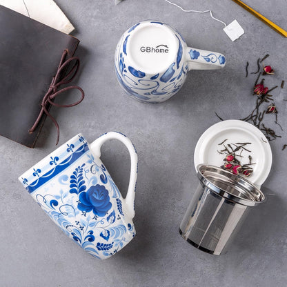 GBhome Tea Mug with Infuser and Lid, 18 Ounce Large Ceramic Loose Leaf Cup, Microwave, Dishwasher Safe, Perfect for Tea Lovers
